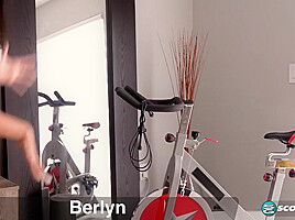 Hot black chick Berlyn is all smiles as she makes herself cum after a workout in a home gym.